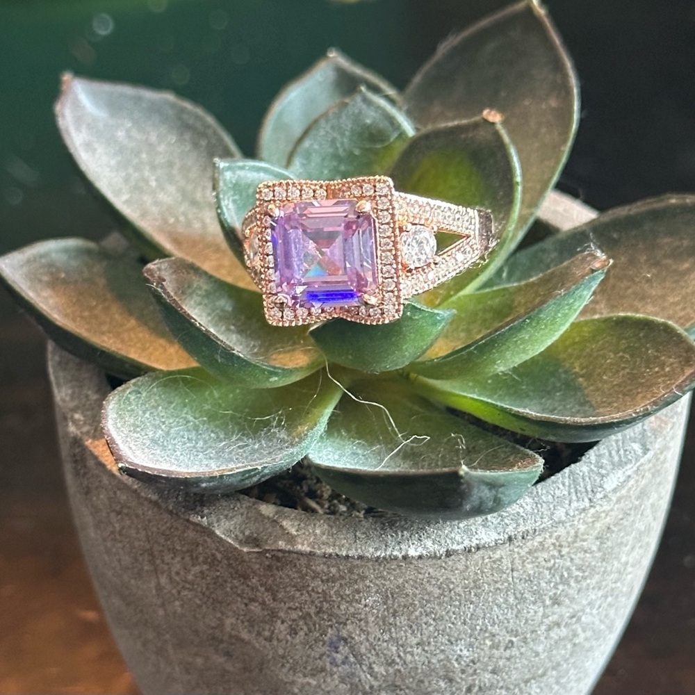 Elegant Ring Rhodium Plated Sterling Silver with Lavender Gemstone-Size 7 1/2
